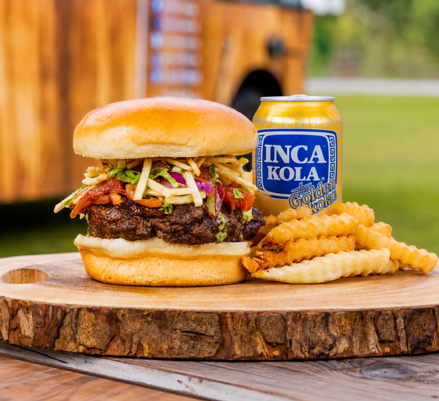 Lomo Saltado burger and an Inca Kola in front of the Latin Fixin's truck