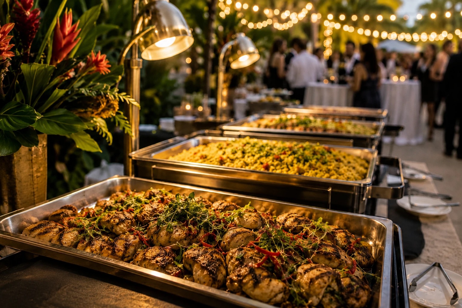 Latin Fixin's catering buffet line with chafing dishes under string lights at an evening event