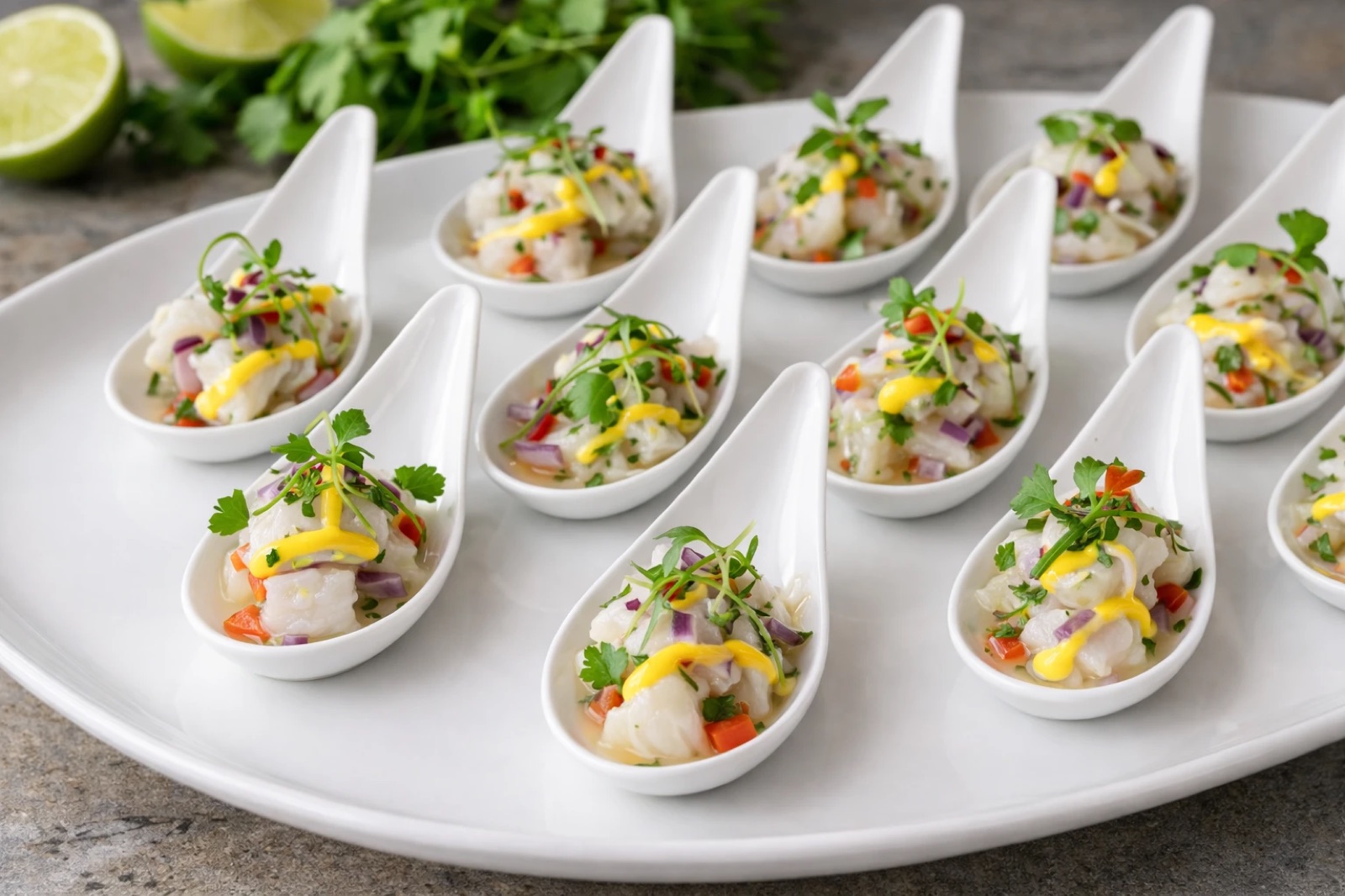 Individual ceviche appetizer spoons garnished with cilantro and aji amarillo