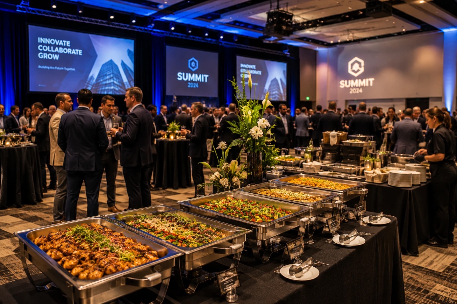 Buffet line at a corporate summit reception in a hotel ballroom
