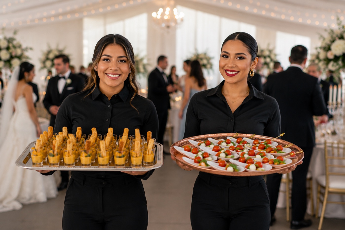 Latin Fixin's service staff carrying trays of passed appetizers at an event