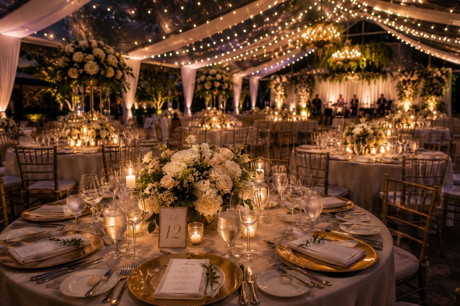 Candlelit wedding reception tables with white florals under string lights