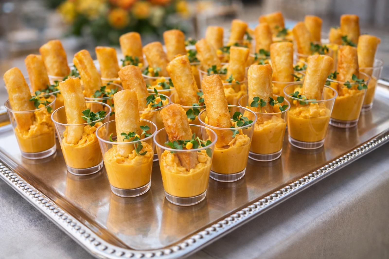 Crispy yuca sticks served in individual cups of huancaina dipping sauce