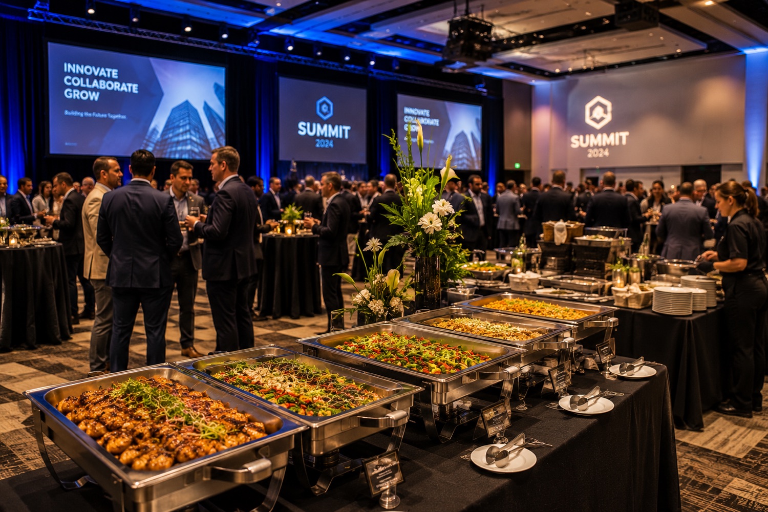 Latin Fixin's buffet line at a corporate summit reception in a hotel ballroom