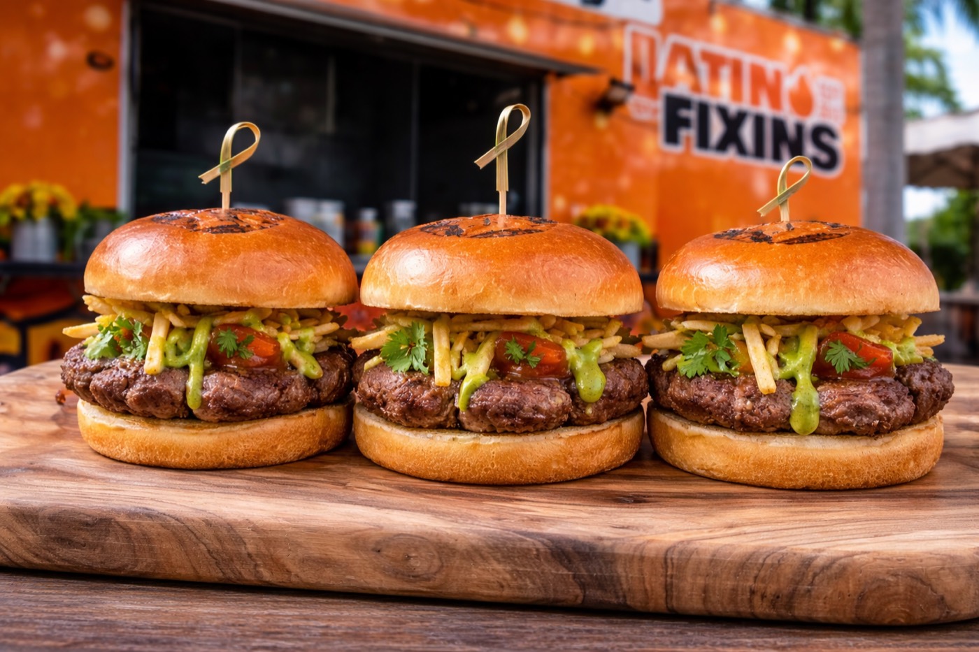 Three Lomo Saltado burger sliders on brioche buns lined up in front of the Latin Fixin's truck