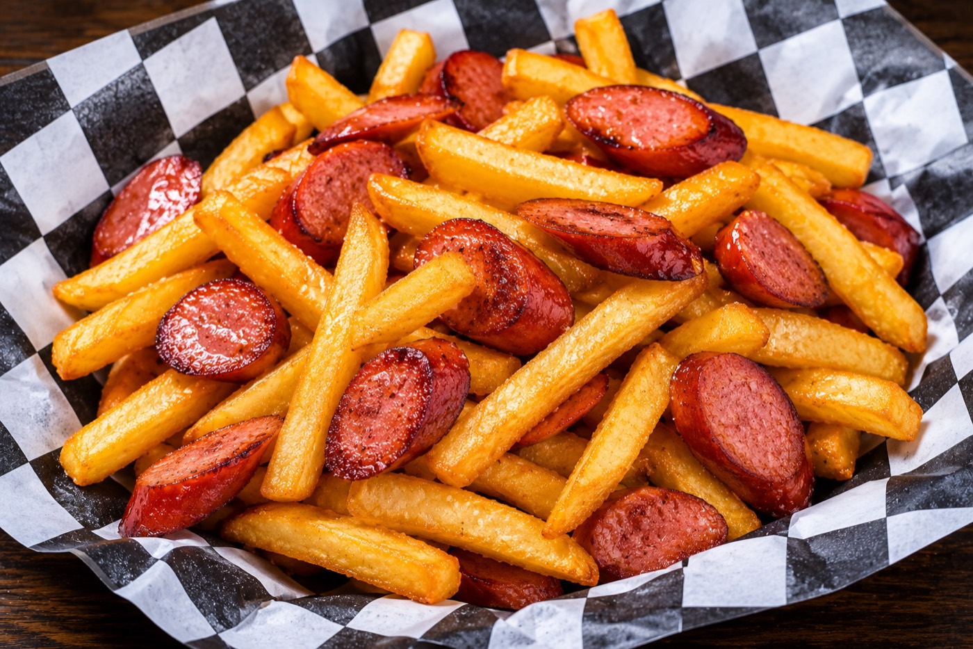 Salchipapas with crinkle fries
